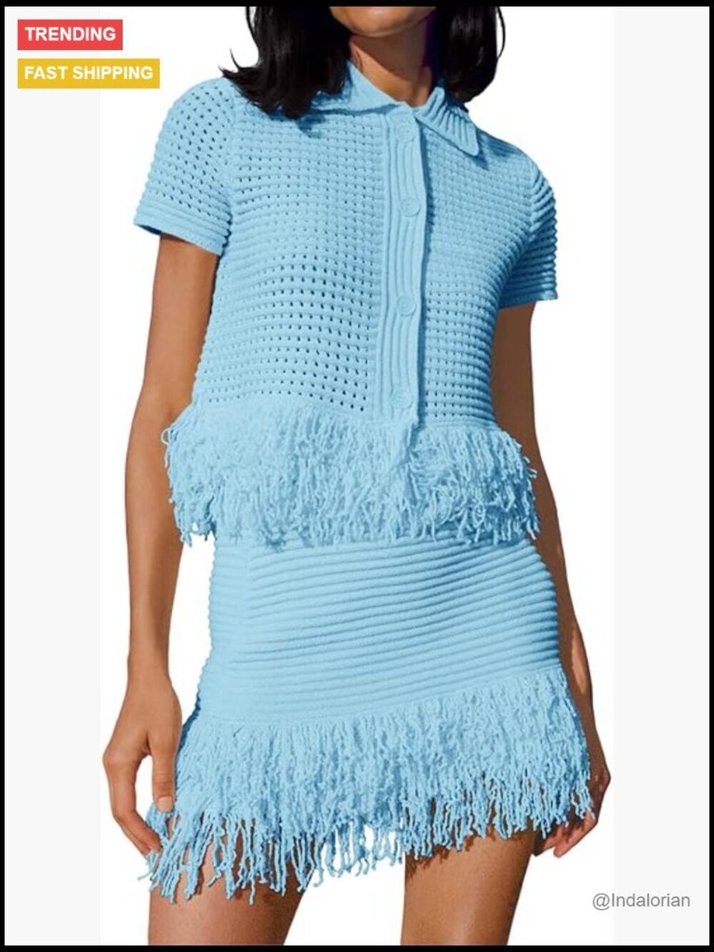 Crochet Short Sleeve Button Knit Sweater and Fringe Skirt Set